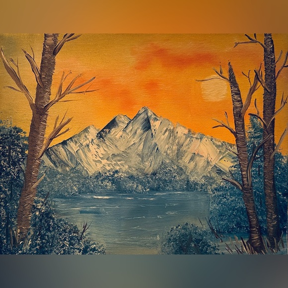 Handmade Other - Tranquil Mountain Sunset Canvas Painting